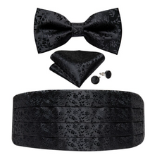 Load image into Gallery viewer, Men's Tuxedo Cummerbund Silk Bow Tie Handkerchief Brooch Chain Set - Gift Boxed
