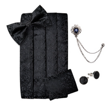 Load image into Gallery viewer, Men's Tuxedo Cummerbund Silk Bow Tie Handkerchief Brooch Chain Set - Gift Boxed
