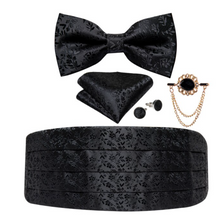 Load image into Gallery viewer, Men's Tuxedo Cummerbund Silk Bow Tie Handkerchief Brooch Chain Set - Gift Boxed
