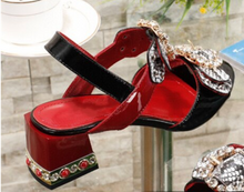 Load image into Gallery viewer, Luxury Women's Sandals Jewelled Square Heel Serpentine Butterfly-Knot Rivet Rhinestone Shoes
